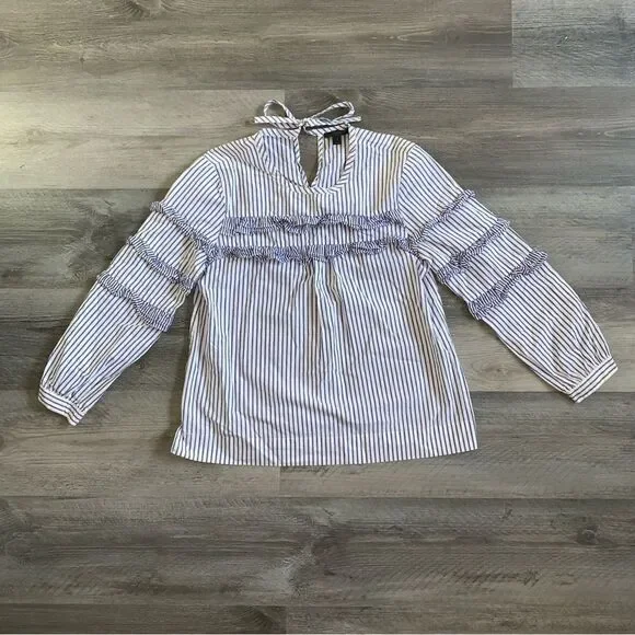J. Crew Tiered Ruffle Stripe Blouse Blue White 2 Cotton - Picture 2 of 10